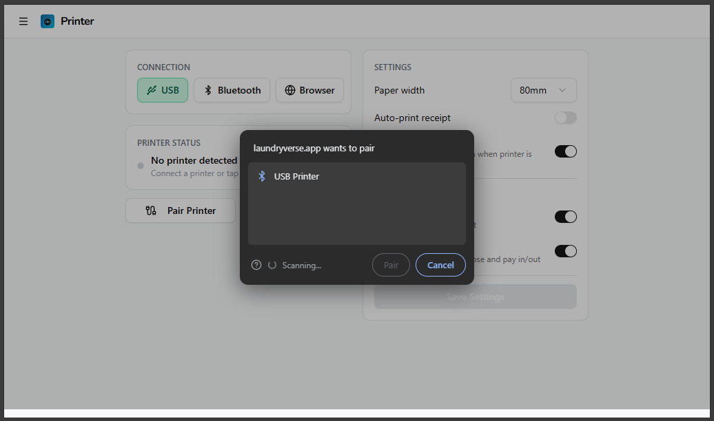 Browser pairing dialog. Select your printer and click Pair.