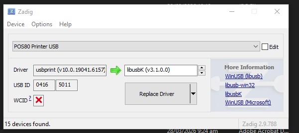 Zadig with the thermal printer selected — make sure the correct device is chosen