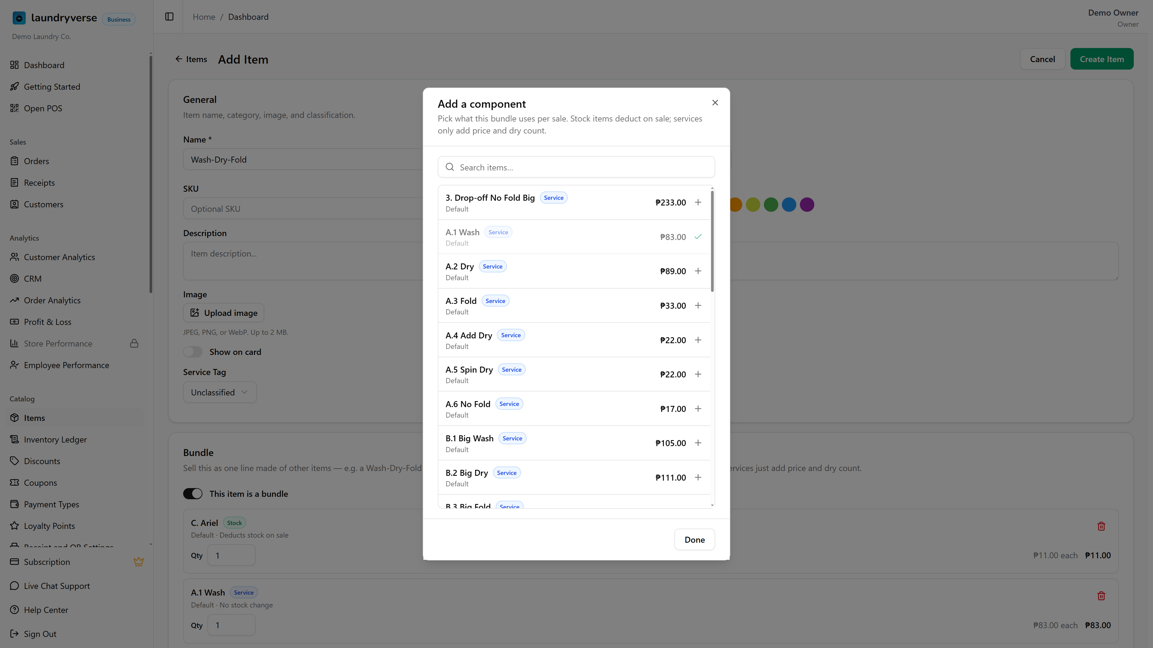 The Add component picker listing items with Stock and Service badges and prices