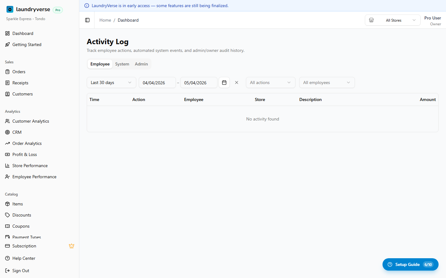 Activity log page with tabs and filtered table
