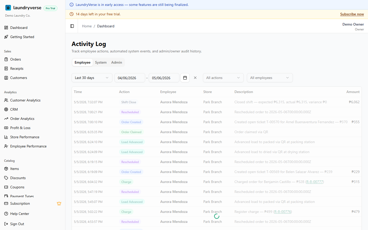 Activity log page with tabs and filtered table