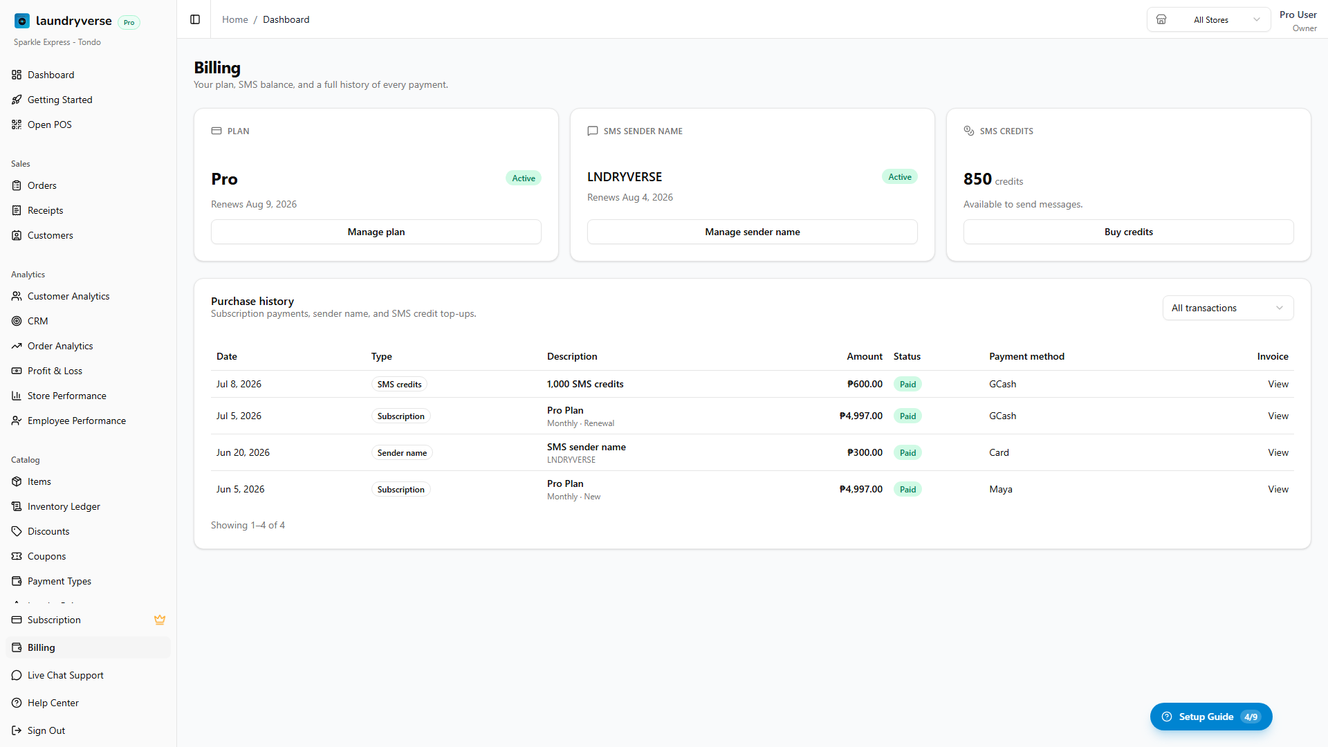 Billing page showing plan, sender name, and SMS credit cards above the purchase history table