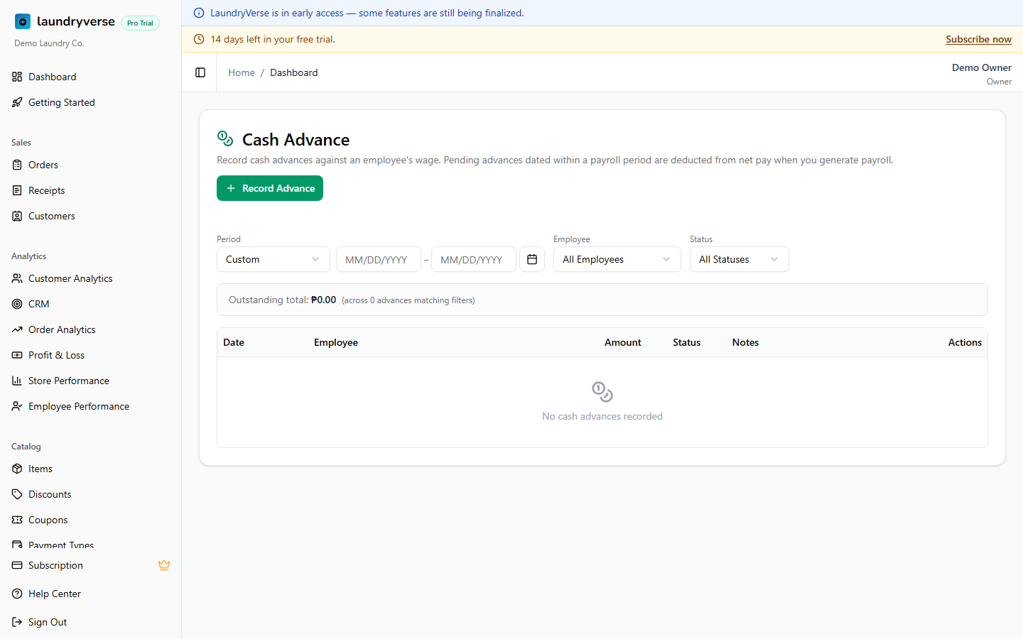 Cash Advance page with table of advances