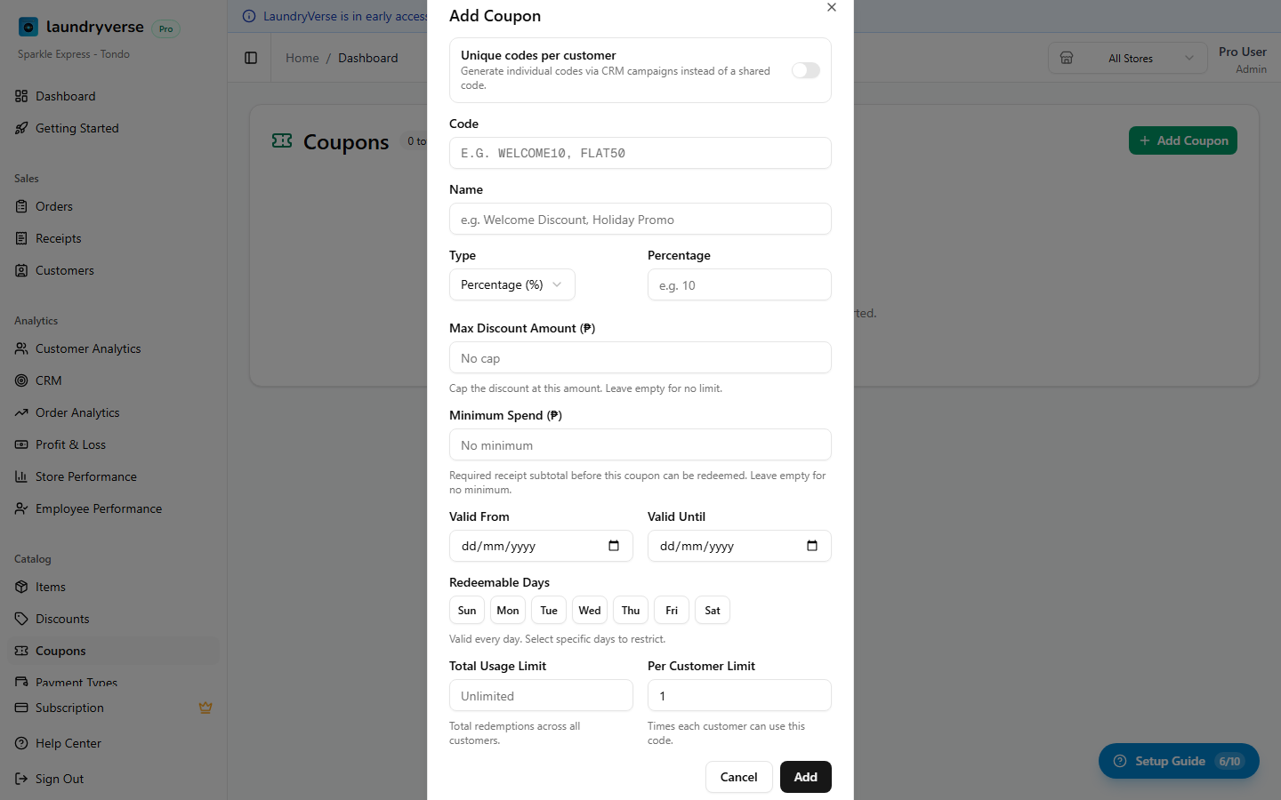 Add Coupon form dialog