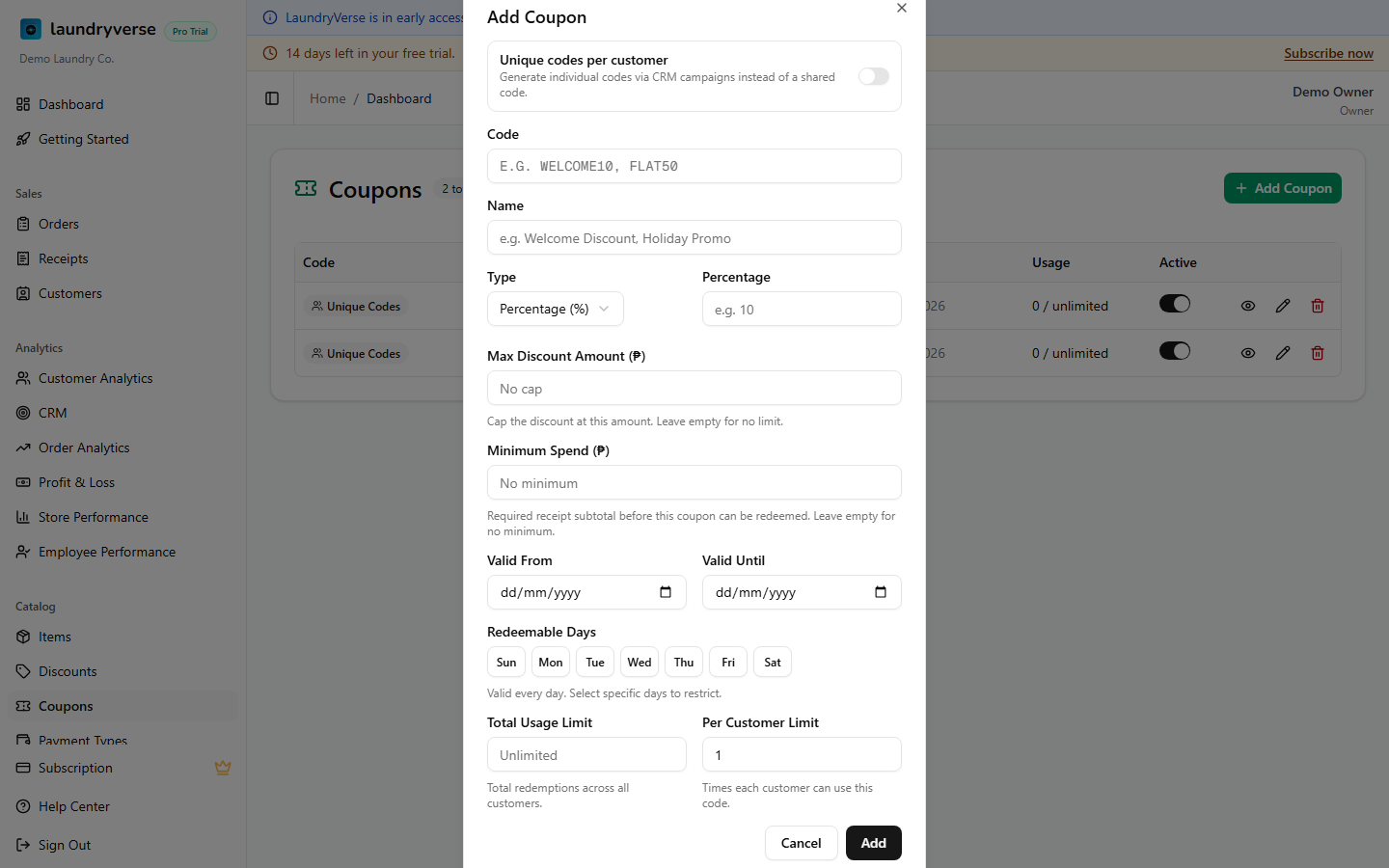 Add Coupon form dialog