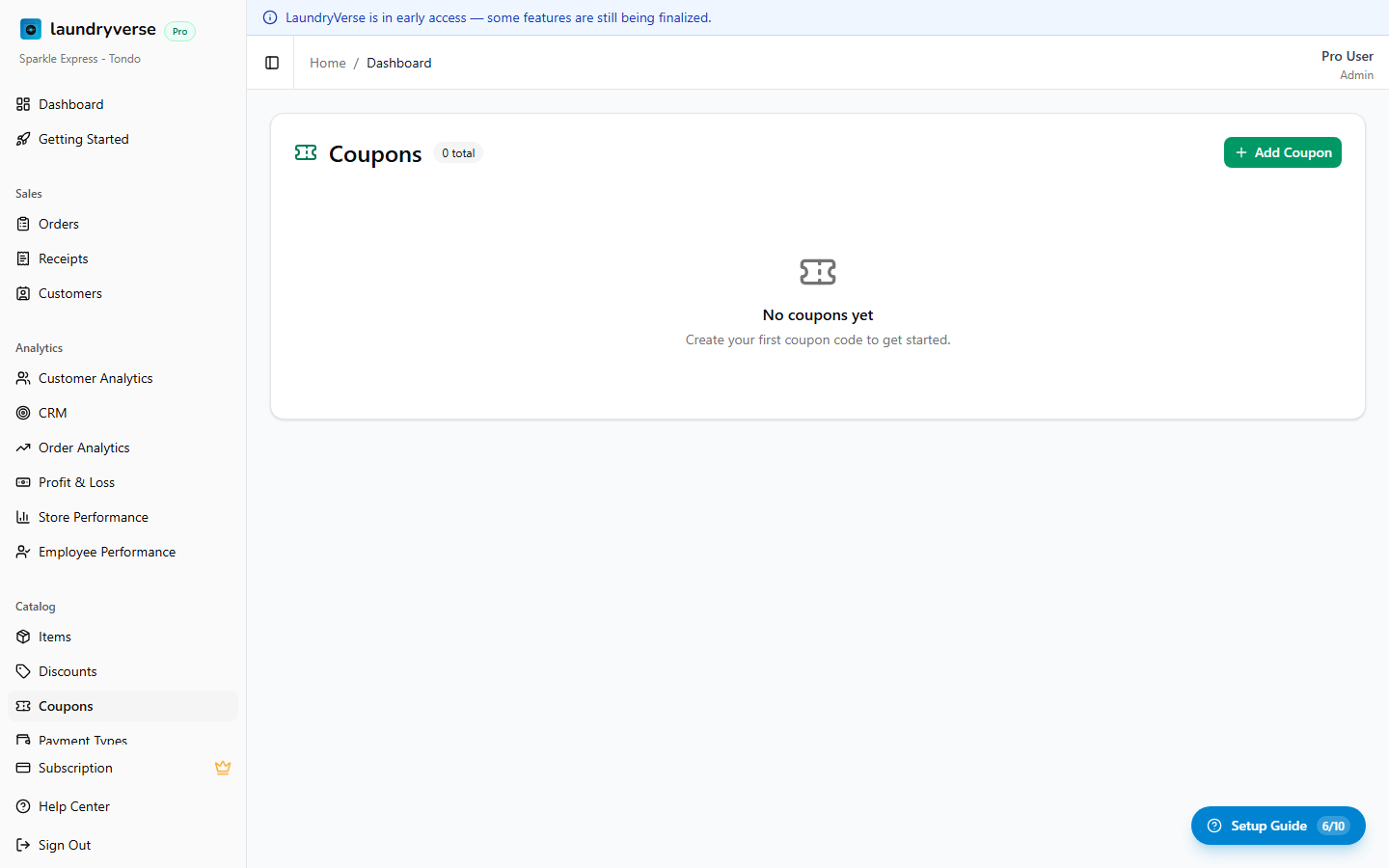 Coupons admin page with coupon list