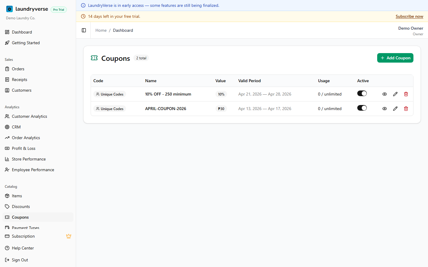 Coupons admin page with coupon list