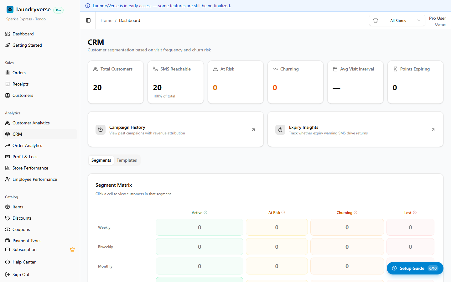 CRM dashboard with segment matrix