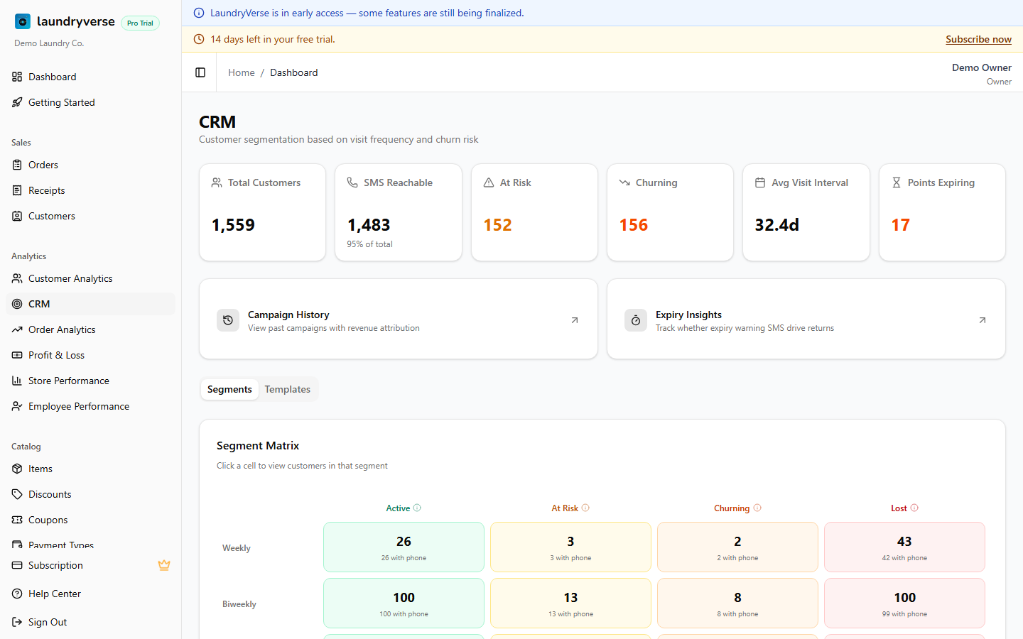 CRM dashboard with segment matrix
