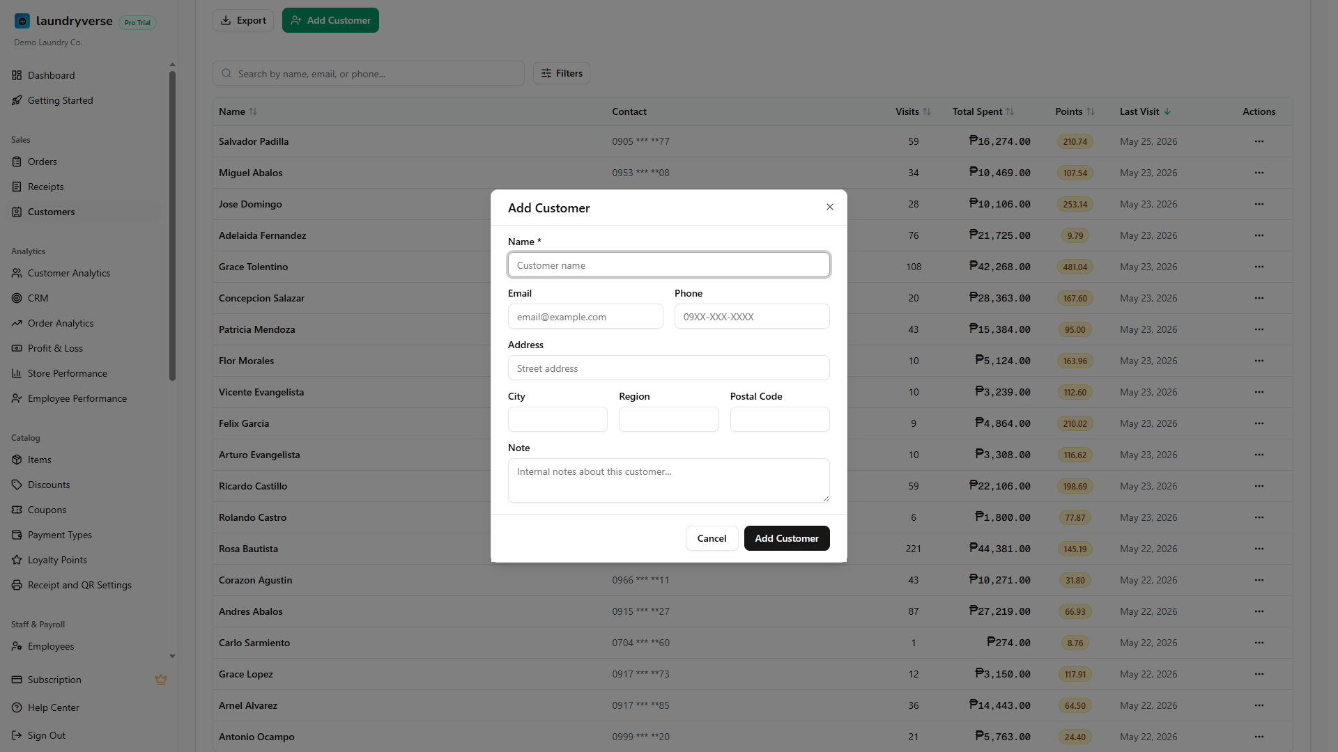 Add Customer dialog with Name, Email, Phone, Address, City, Region, Postal Code, and Note fields