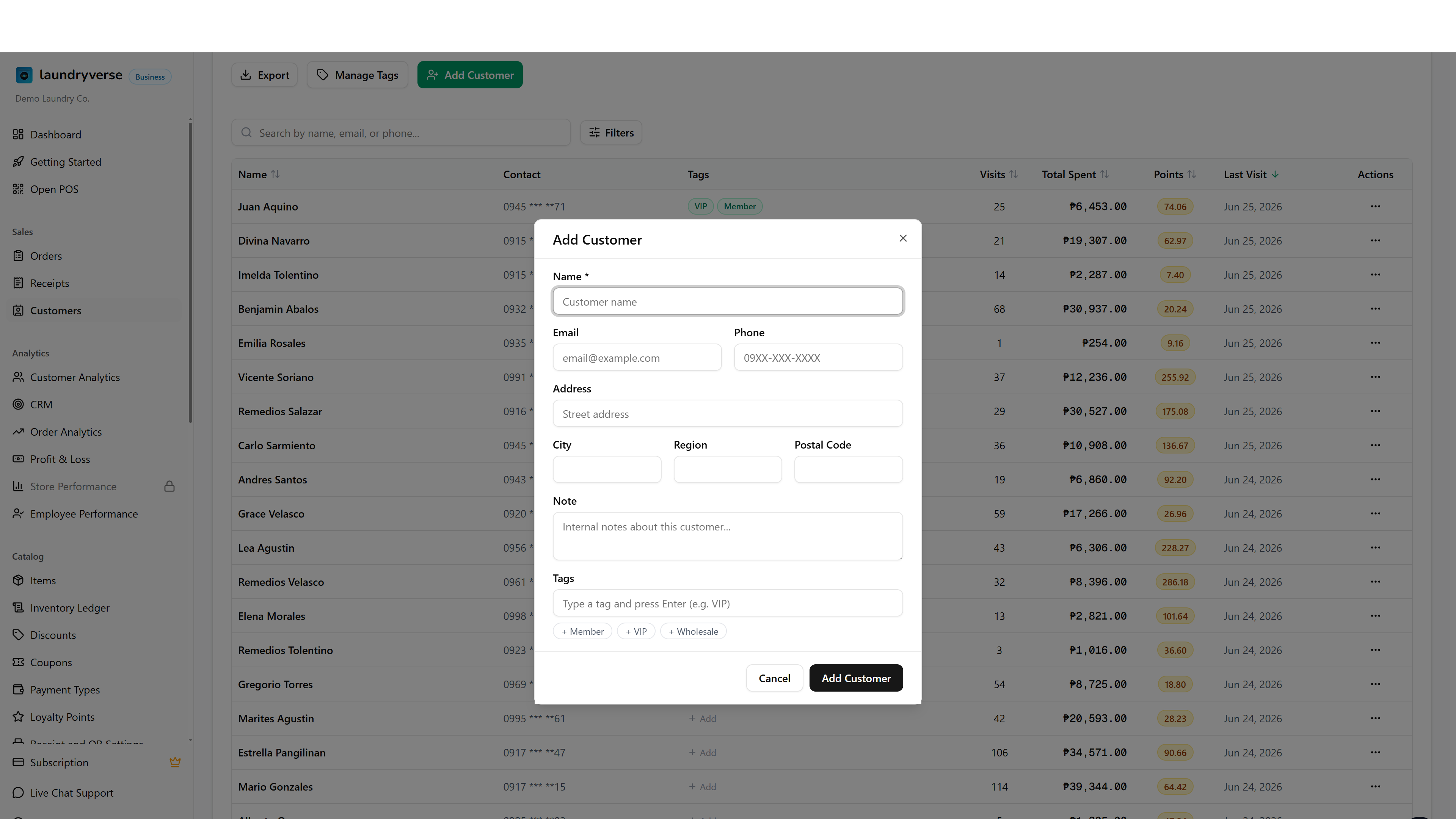 Add Customer dialog with Name, Email, Phone, Address, City, Region, Postal Code, and Note fields