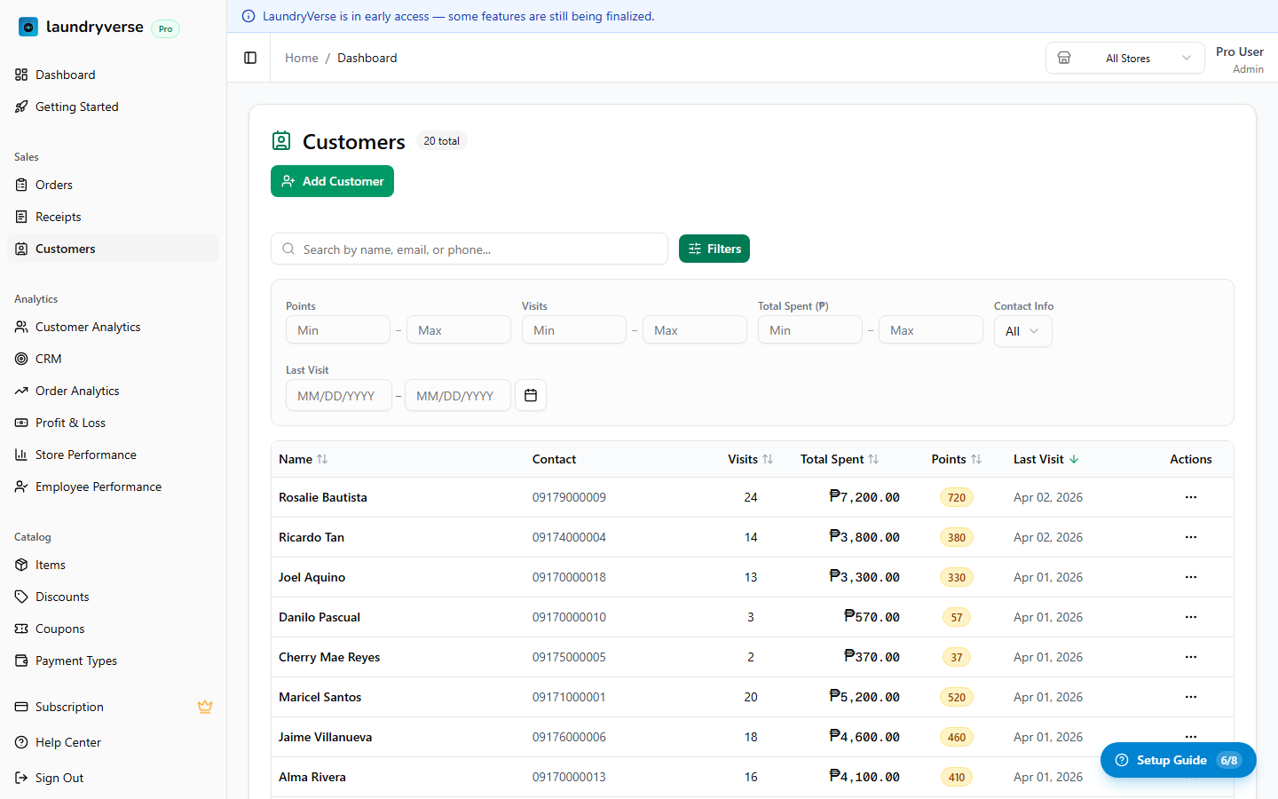 Customer filters panel expanded