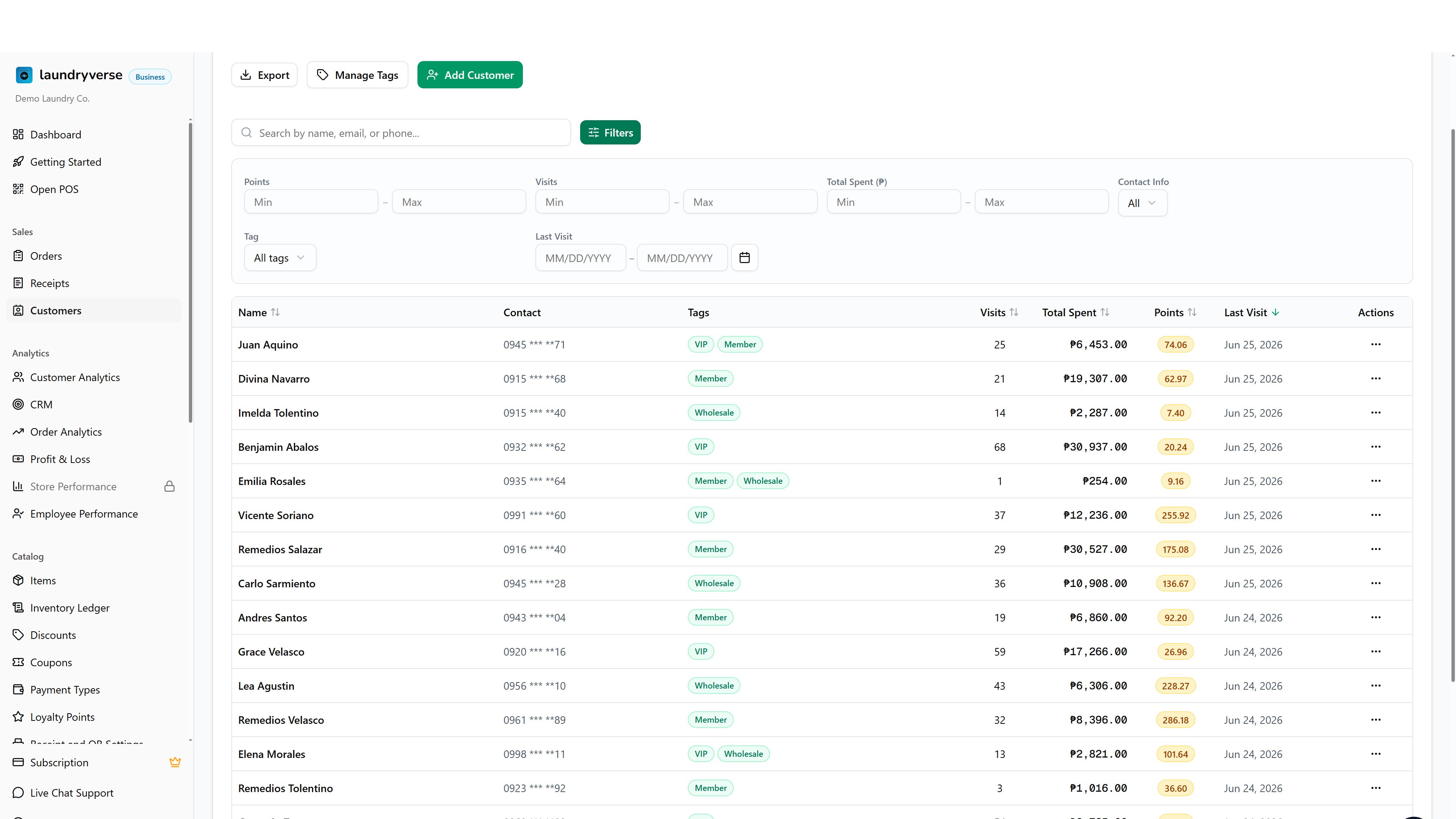 Customers page with the Filters panel expanded showing Points, Visits, Total Spent, Contact Info, and Last Visit fields