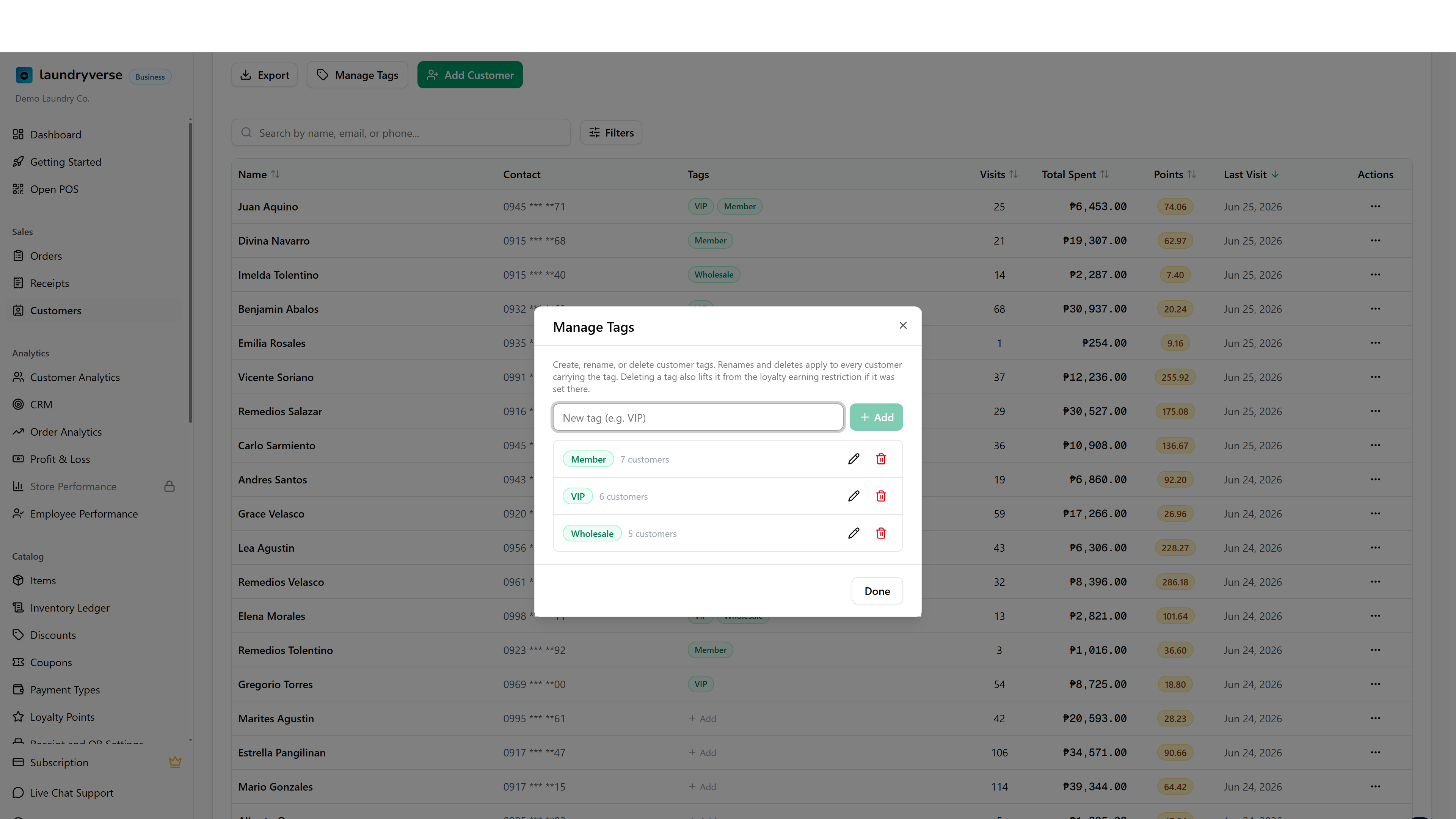 Manage Tags dialog with a field to add a new tag and a list of existing tags showing customer counts, rename, and delete controls