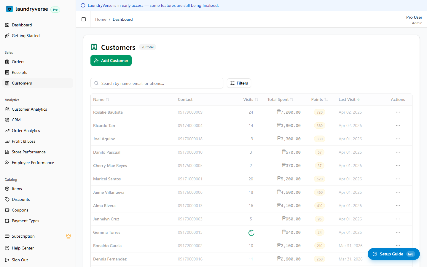 Customer management page with customer table