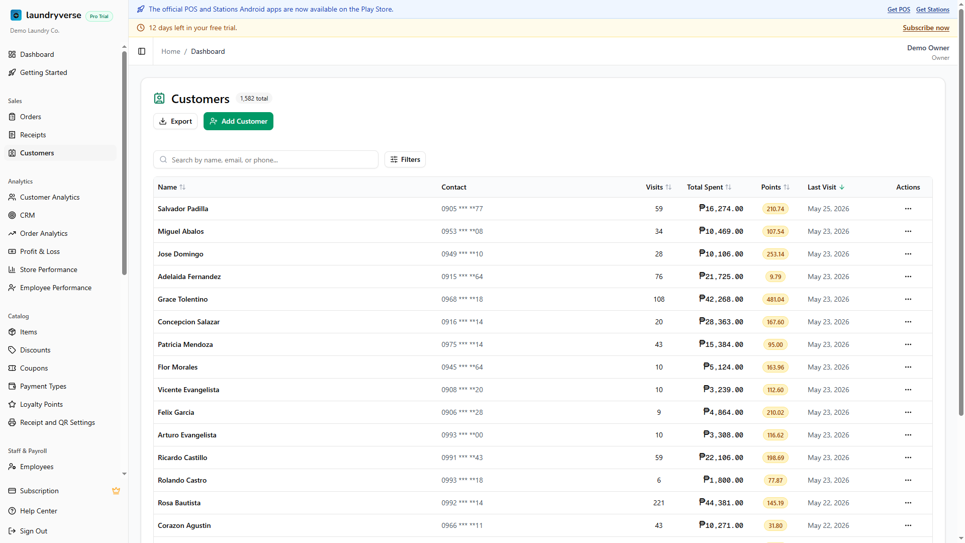 Dashboard Customers page showing the paginated table with name, contact, visits, total spent, points, and last visit columns