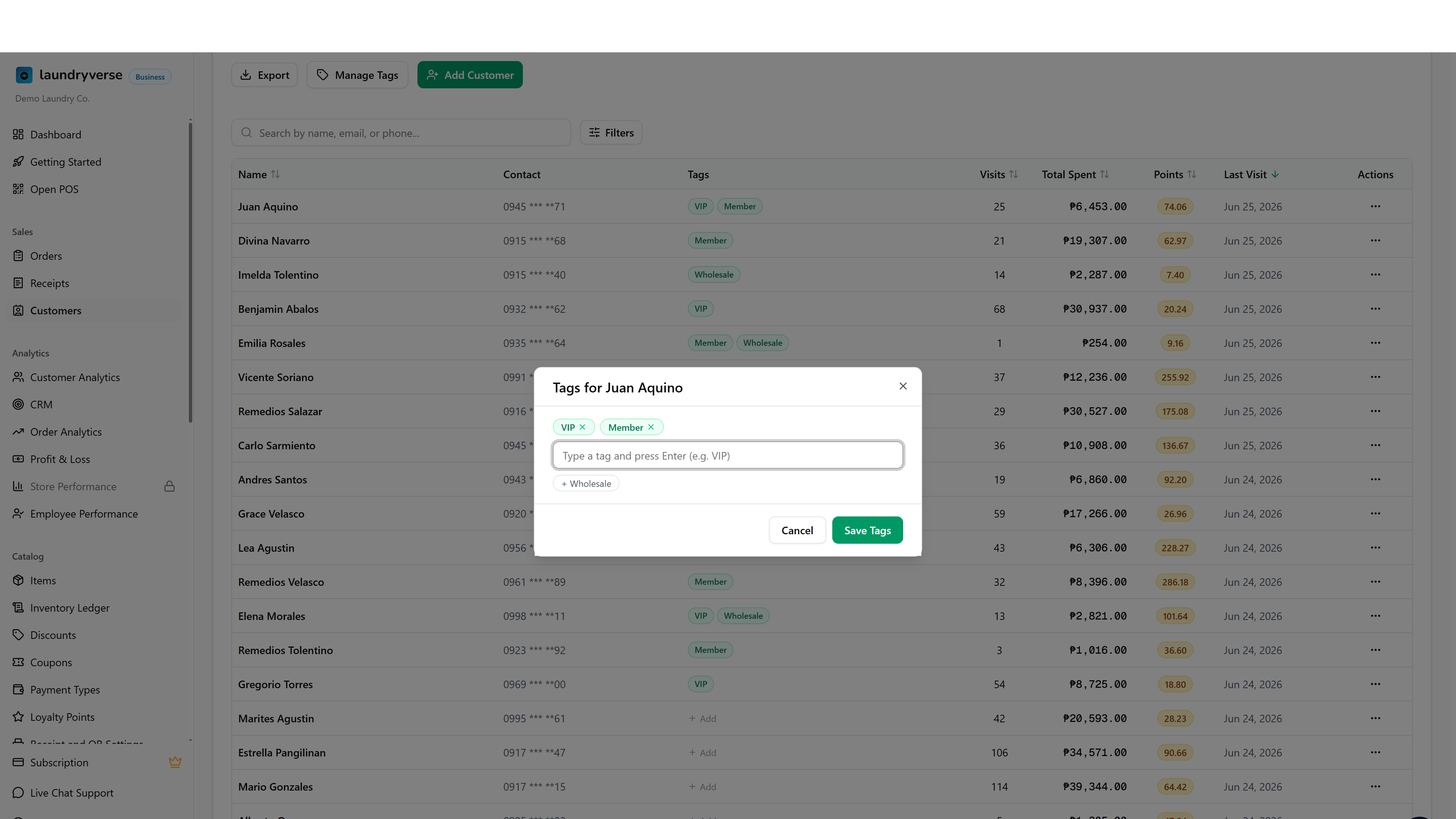 Quick tag editor for a single customer showing a tag input and suggestion chips