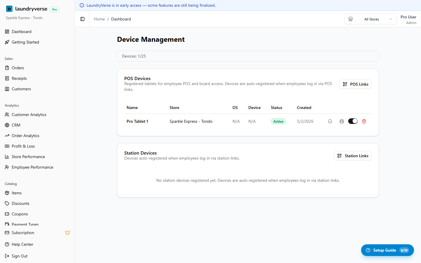 Devices page with POS and Stations tables