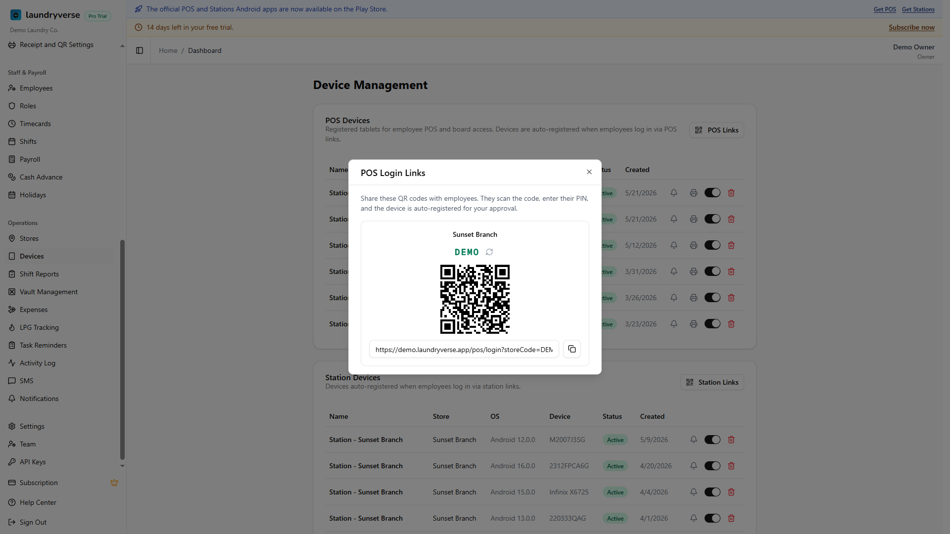 POS Login Links dialog showing per-store QR codes