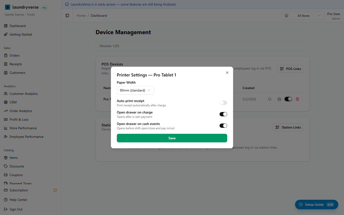 Printer settings dialog for a POS device