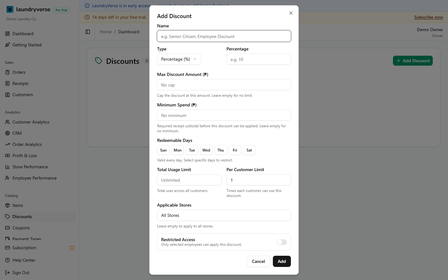 Add Discount form dialog