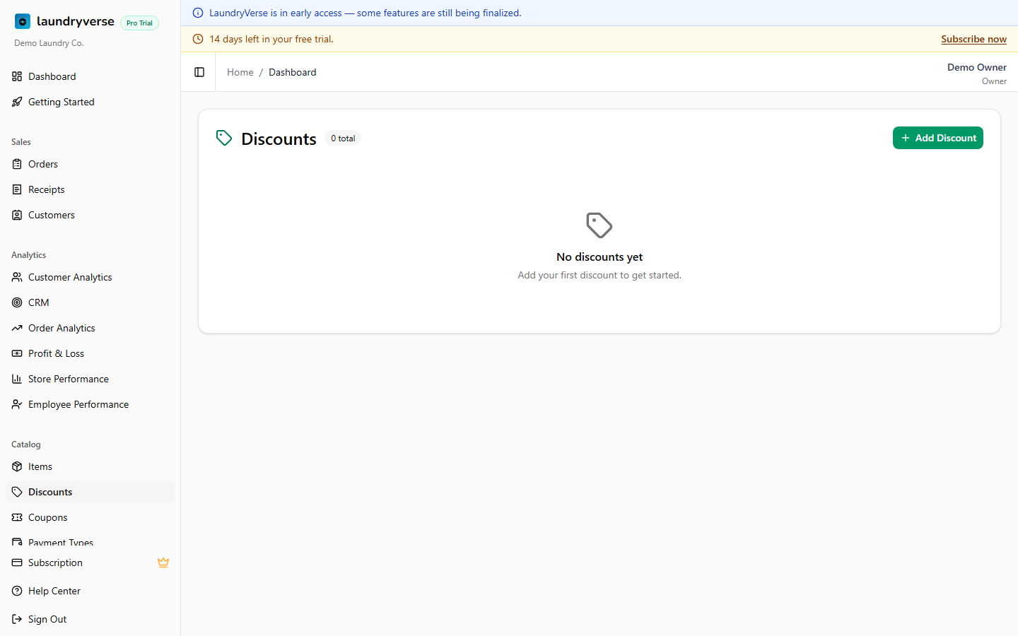 Discounts admin page with discount list