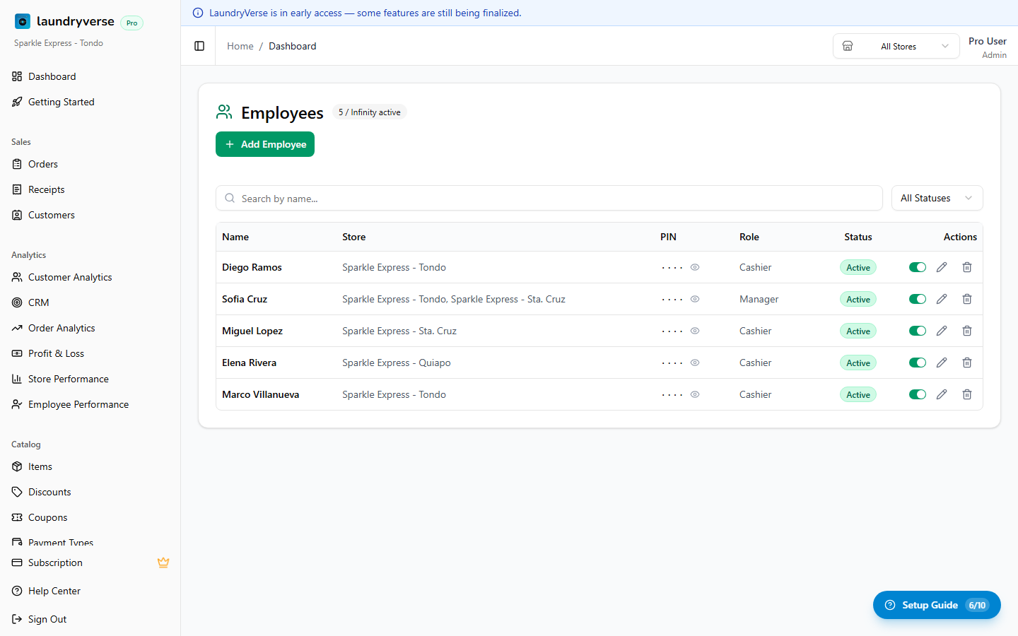 Employees admin page with list of staff
