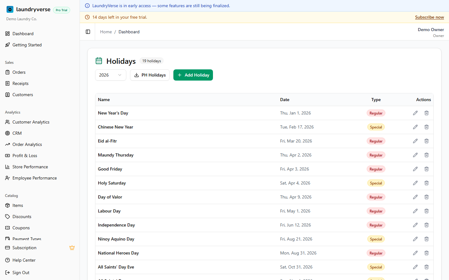 Holidays page with calendar list