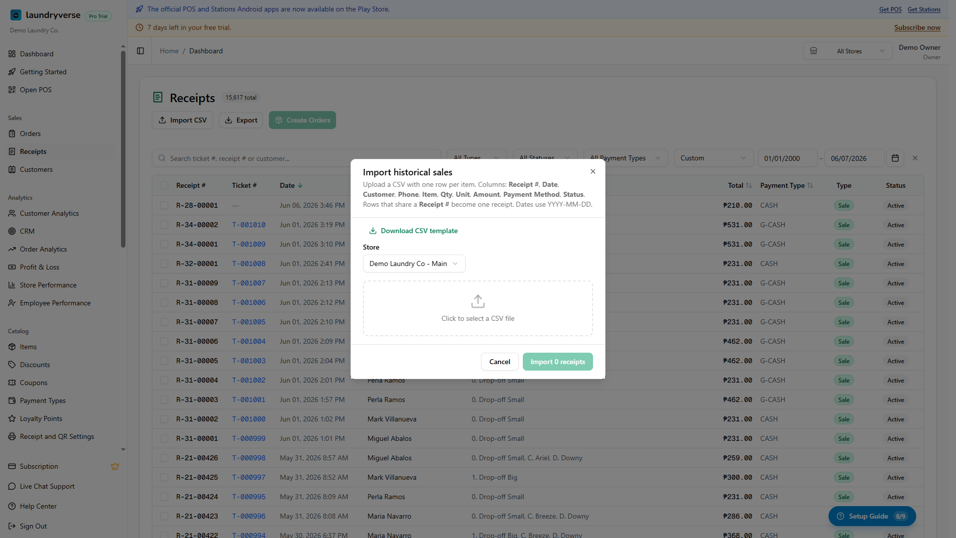 The Import historical sales dialog showing the Download CSV template link, a store selector, and the file upload area