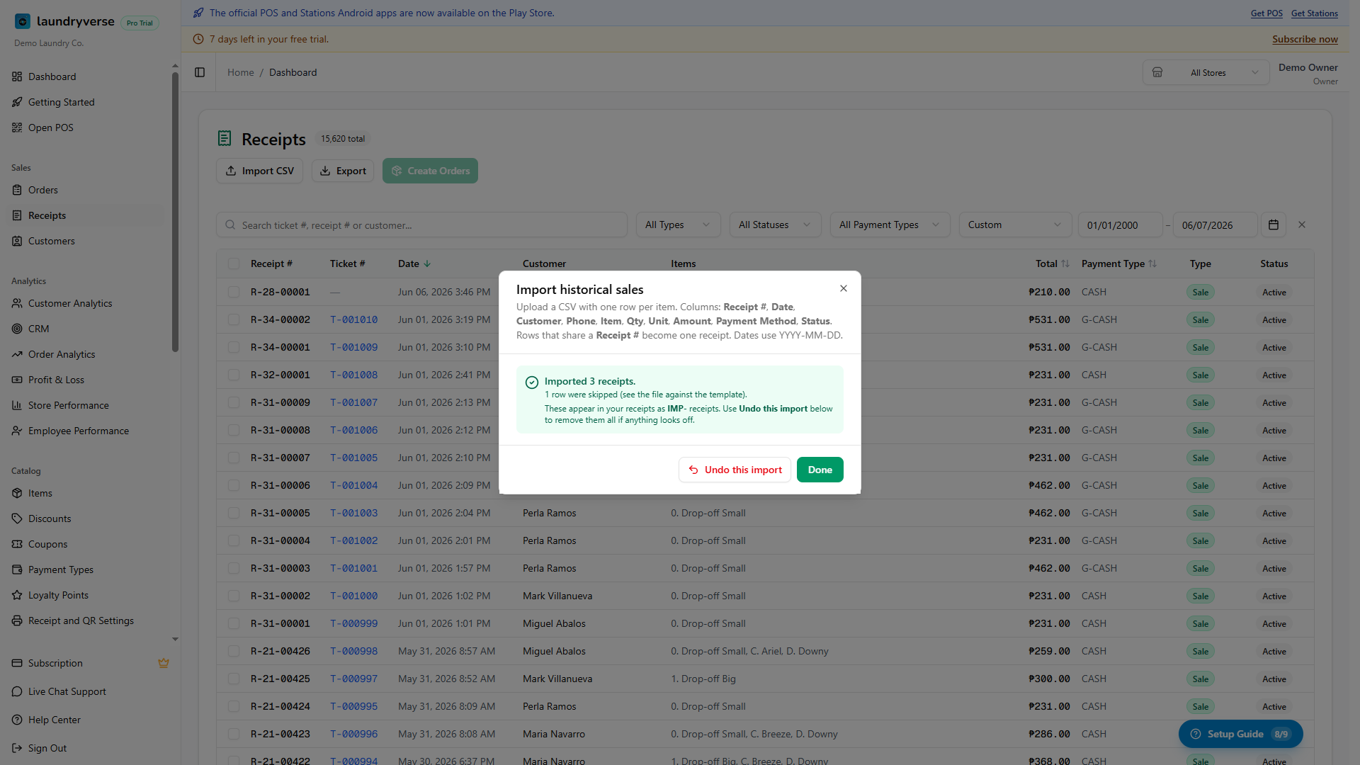 The import dialog success screen showing how many receipts were imported, a note about the IMP receipt numbering, and the Undo this import button