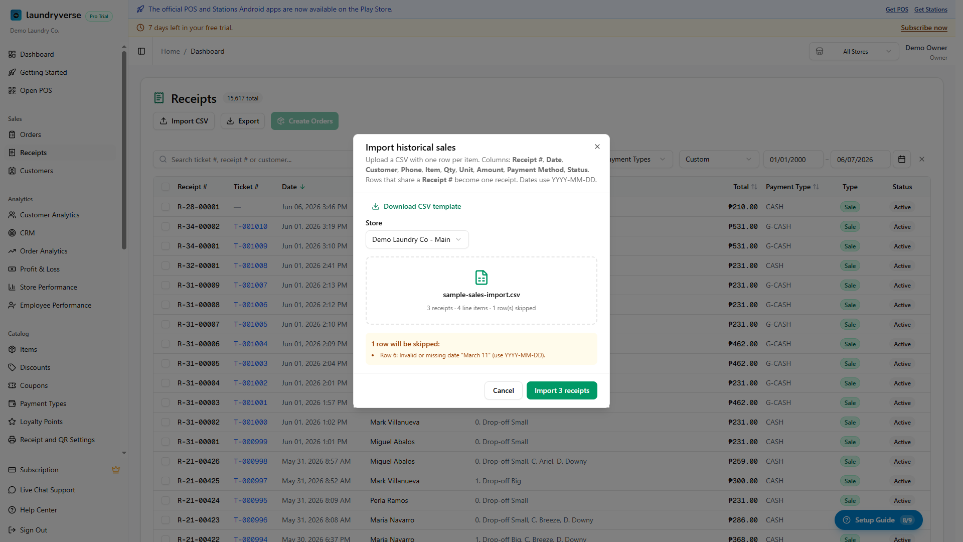 The import dialog after a file is selected, showing the count of receipts and line items found and a list of rows that will be skipped with their reasons