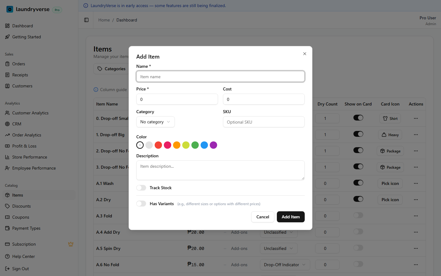 Add Item dialog with form fields