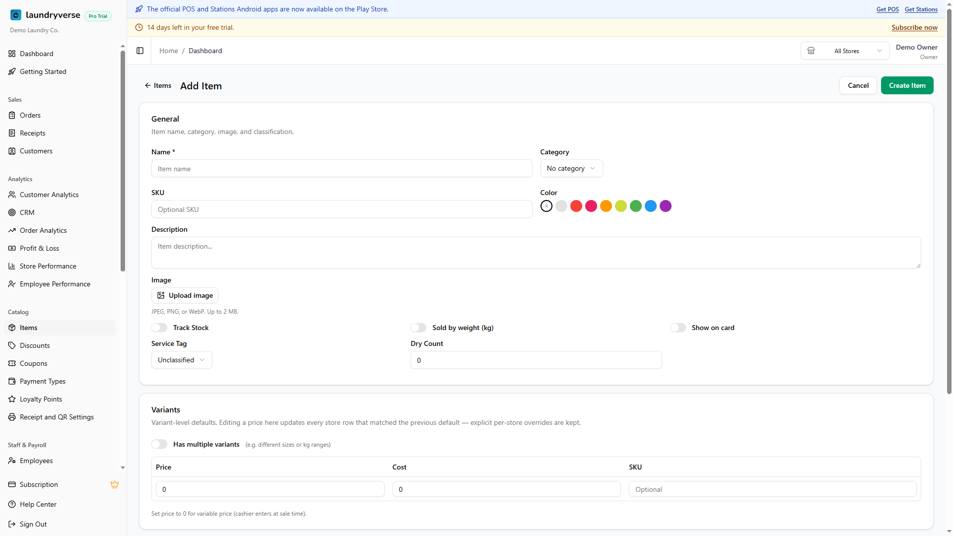Add Item form