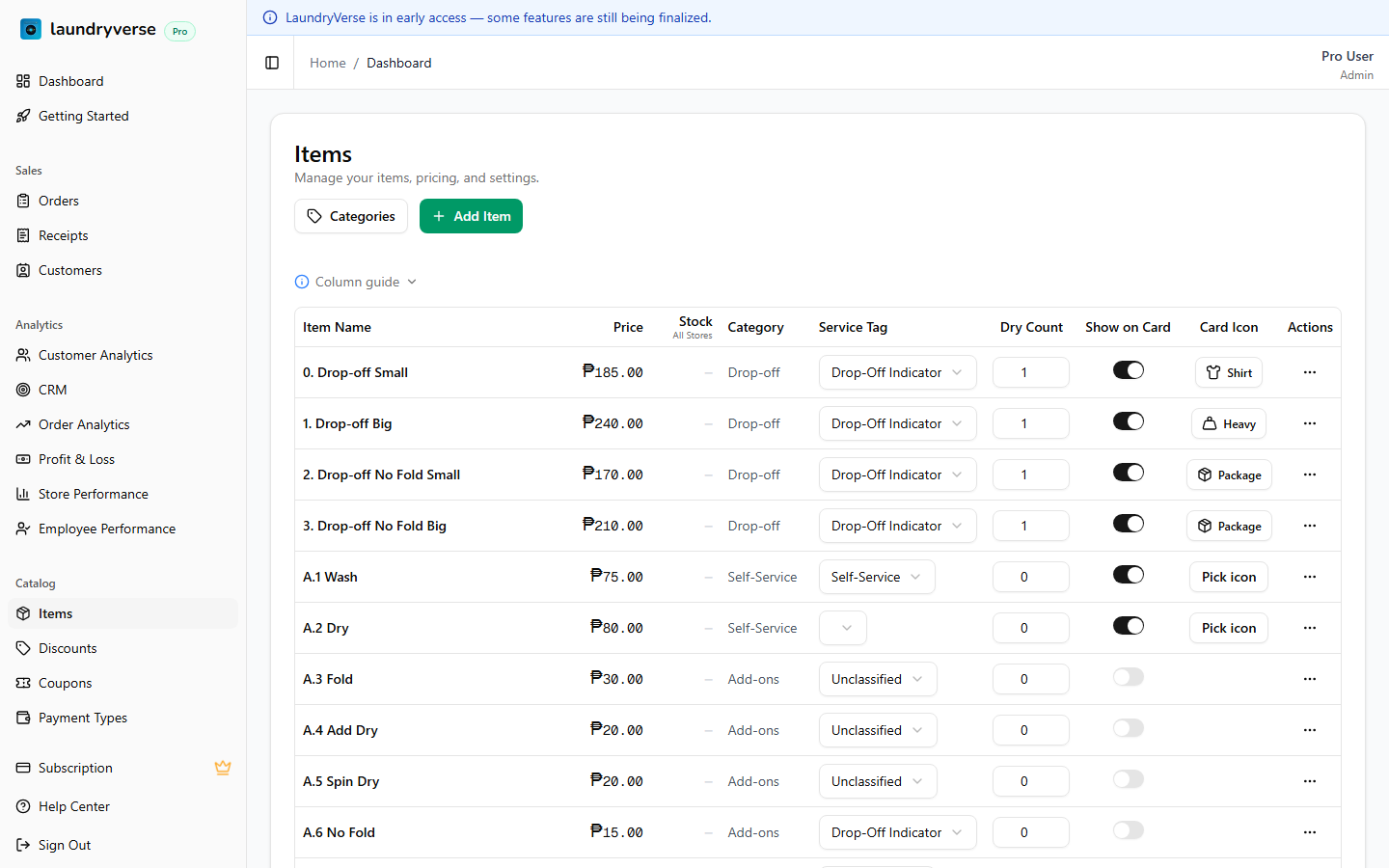 Items management page showing the items table