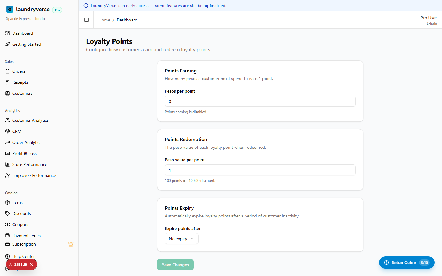 Loyalty settings page