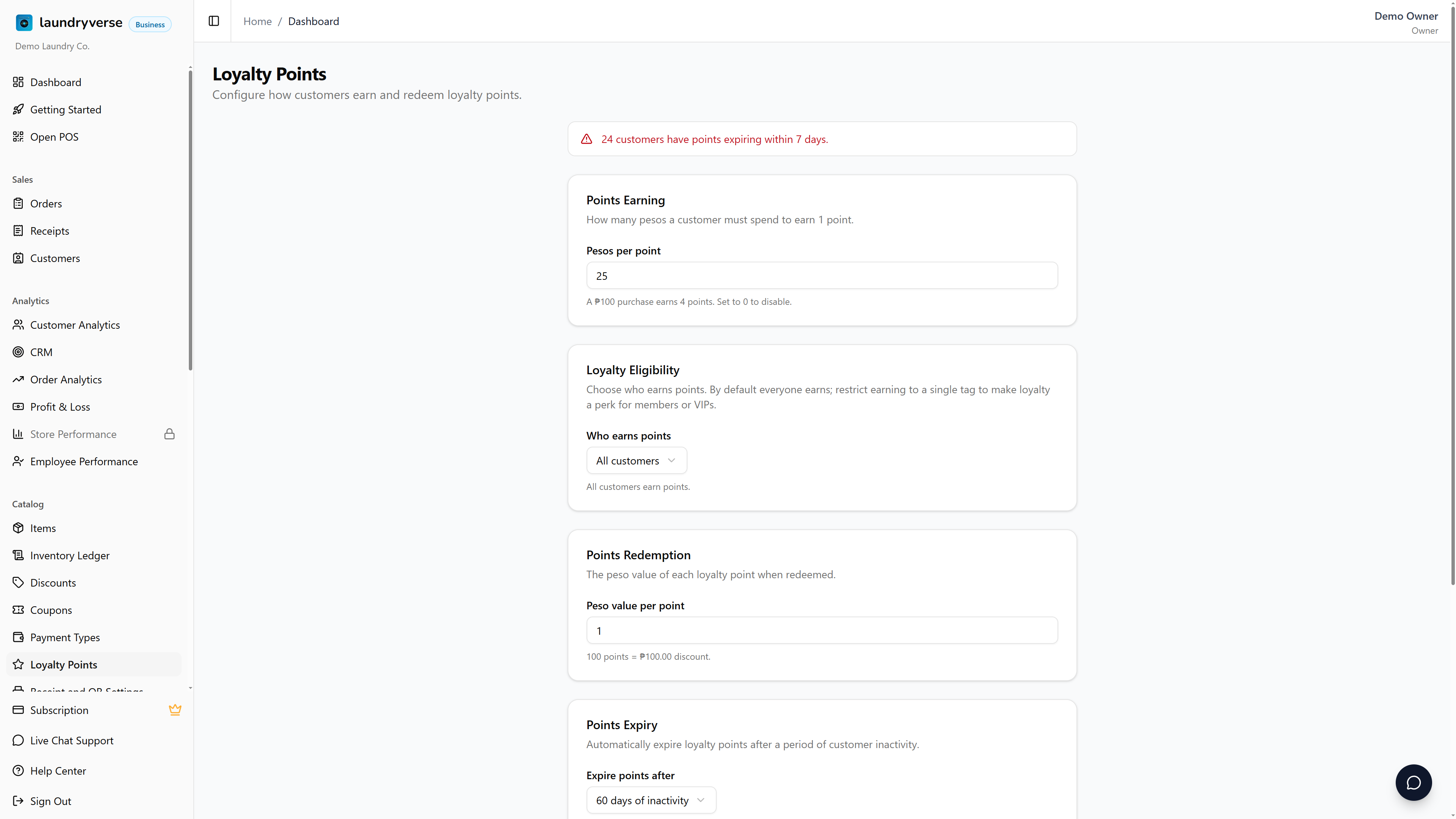 Loyalty Points settings page showing the stacked settings cards, including Loyalty Eligibility