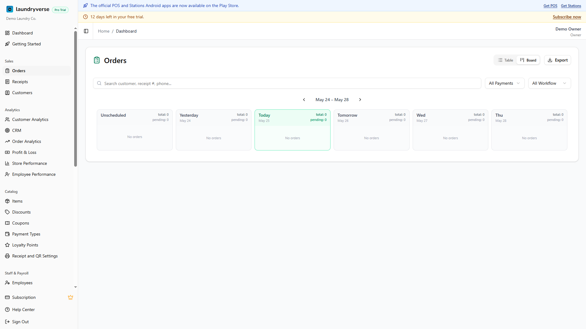 Dashboard Orders board view with columns for Unscheduled, Yesterday, Today, Tomorrow, and the next few days, each holding order cards