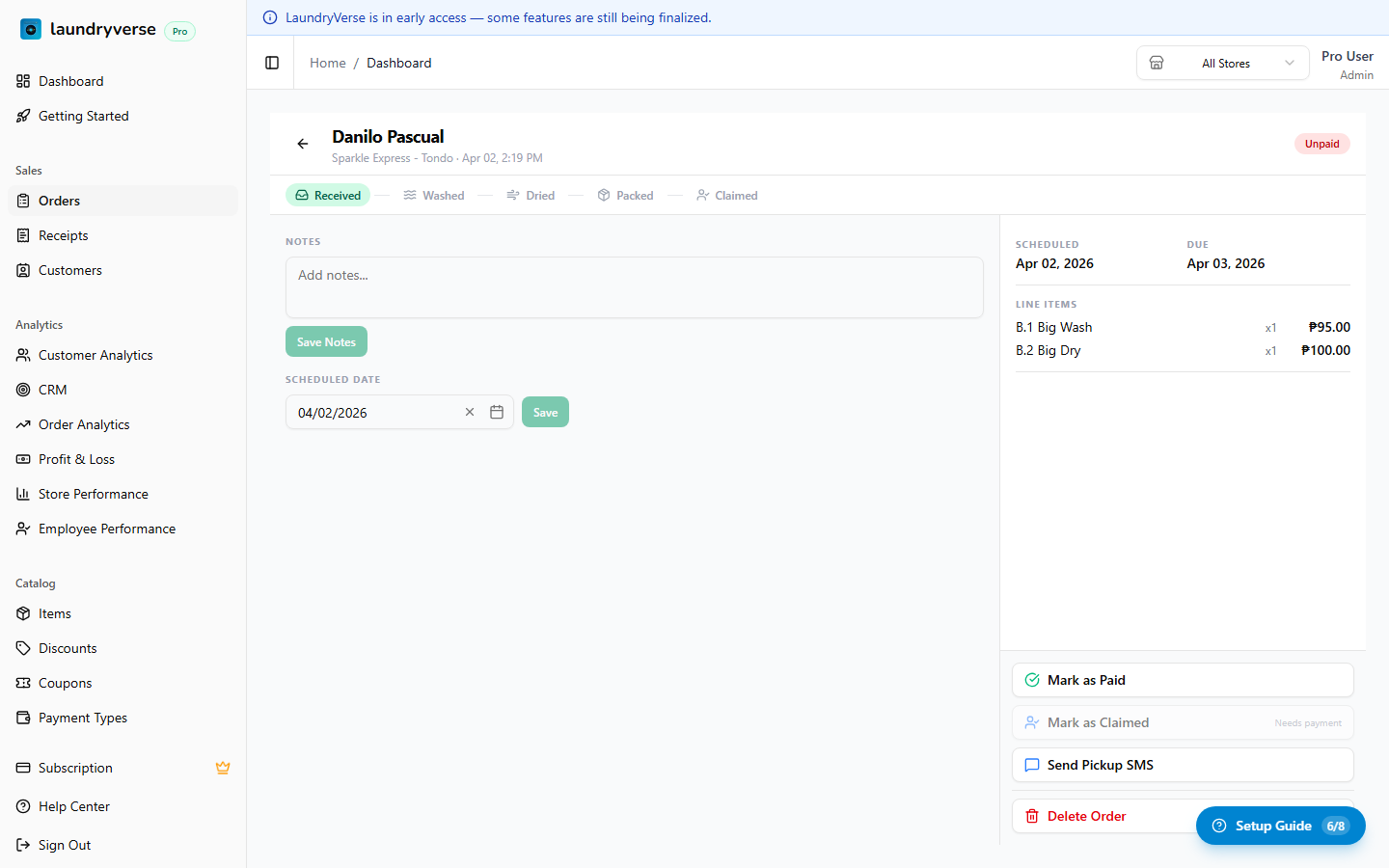 Order detail page showing line items and load tracking