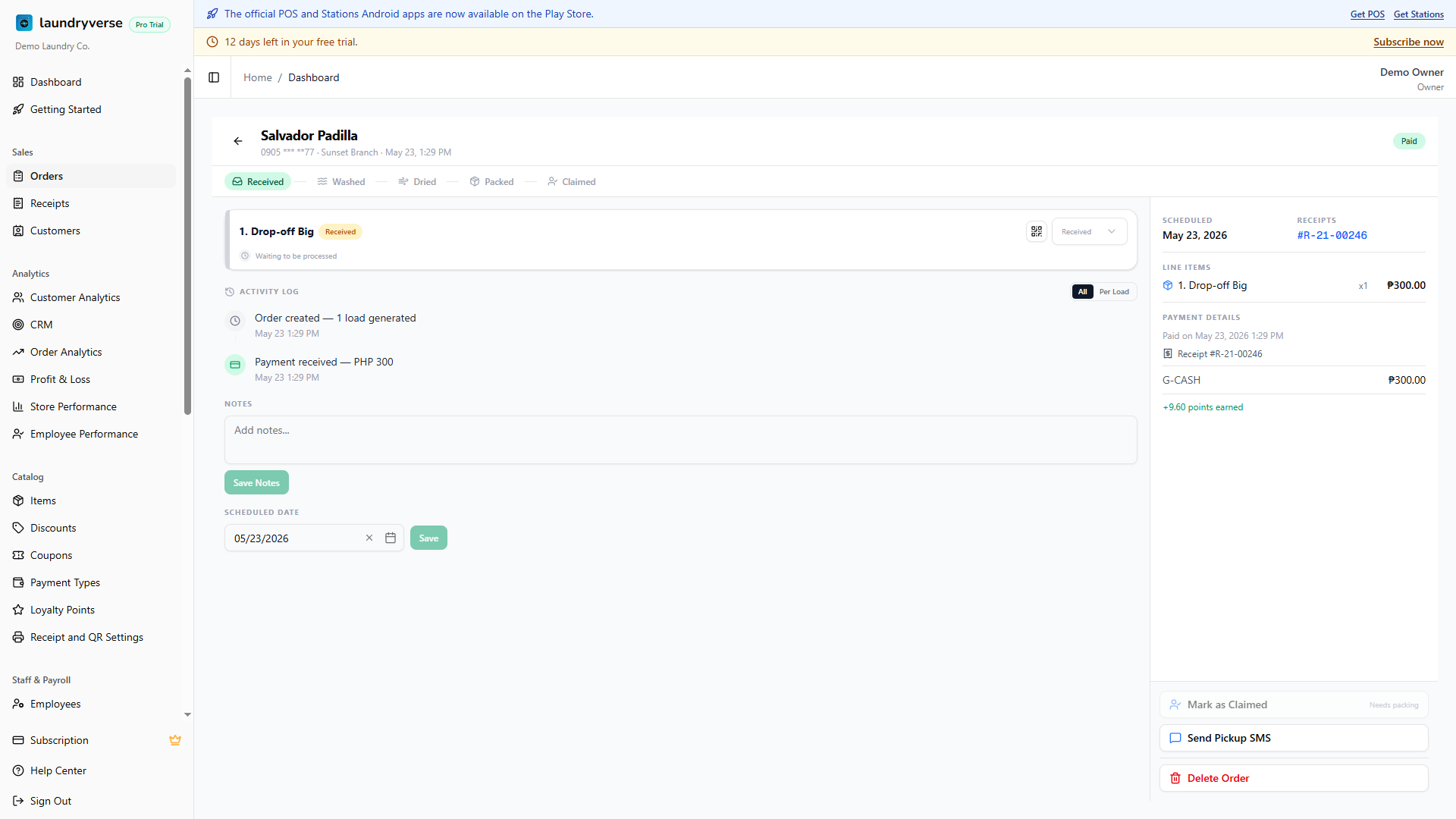 Order detail page showing the progress stepper, load cards with override controls, line items, payment breakdown, scheduled date, notes, and activity timeline