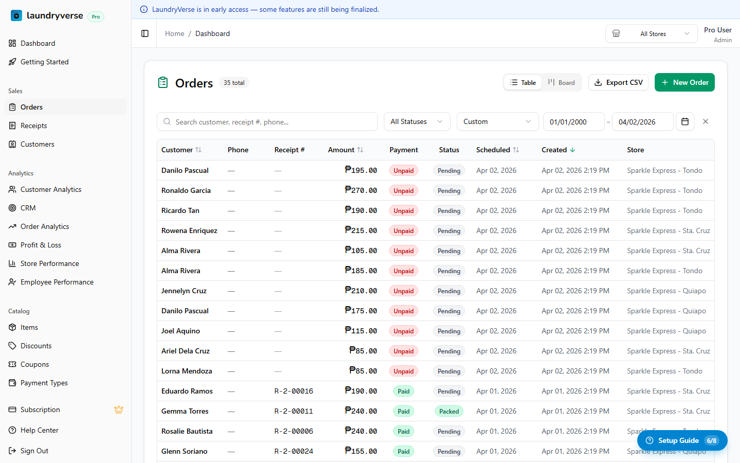 Order management page with orders table