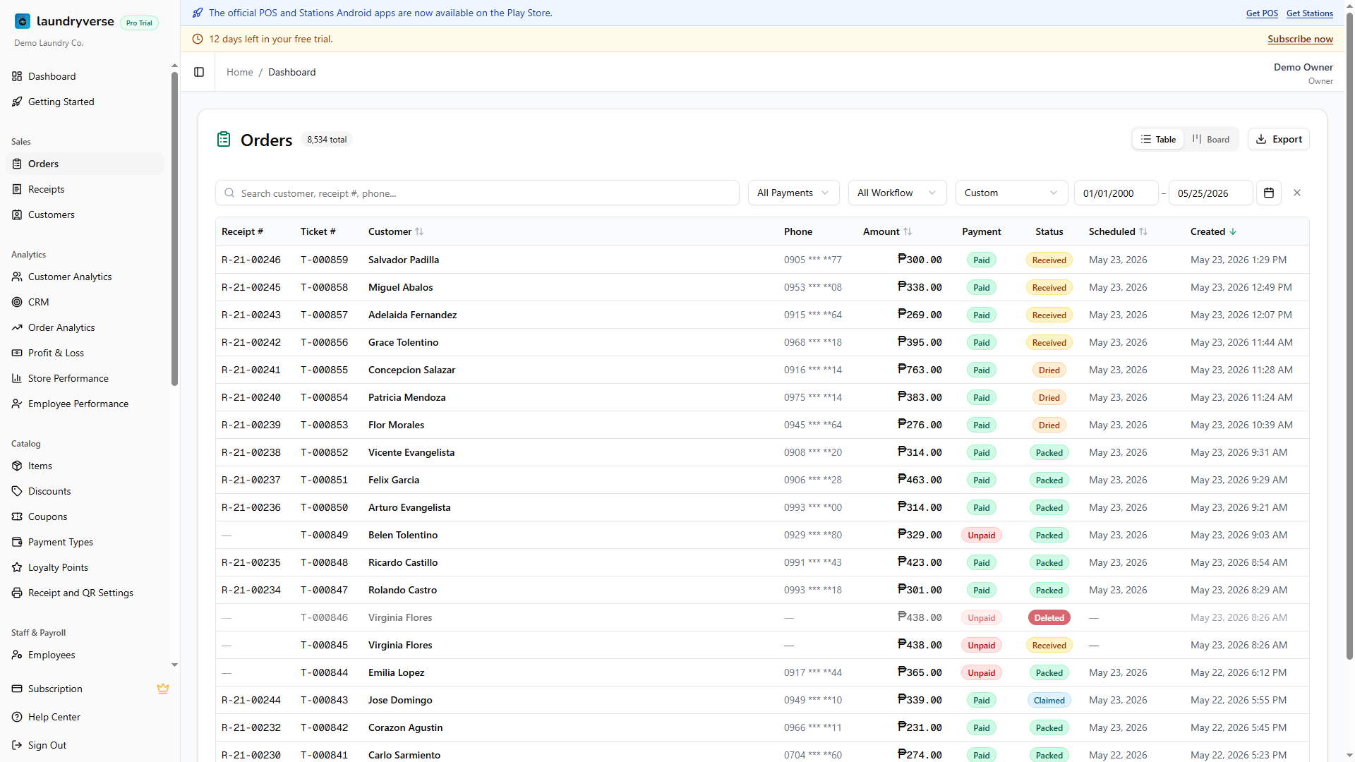 Dashboard Orders page in Table view showing receipt number, ticket number, customer, phone, amount, payment badge, status badge, and scheduled and created dates