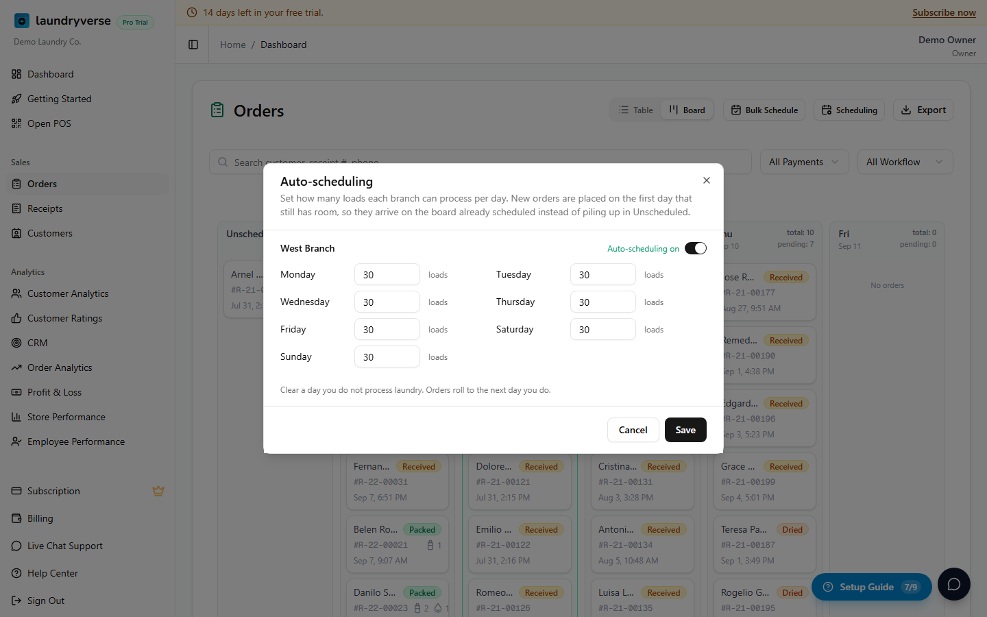 The Auto-scheduling dialog, showing one branch with a switch turned on and a loads-per-day box for each day of the week