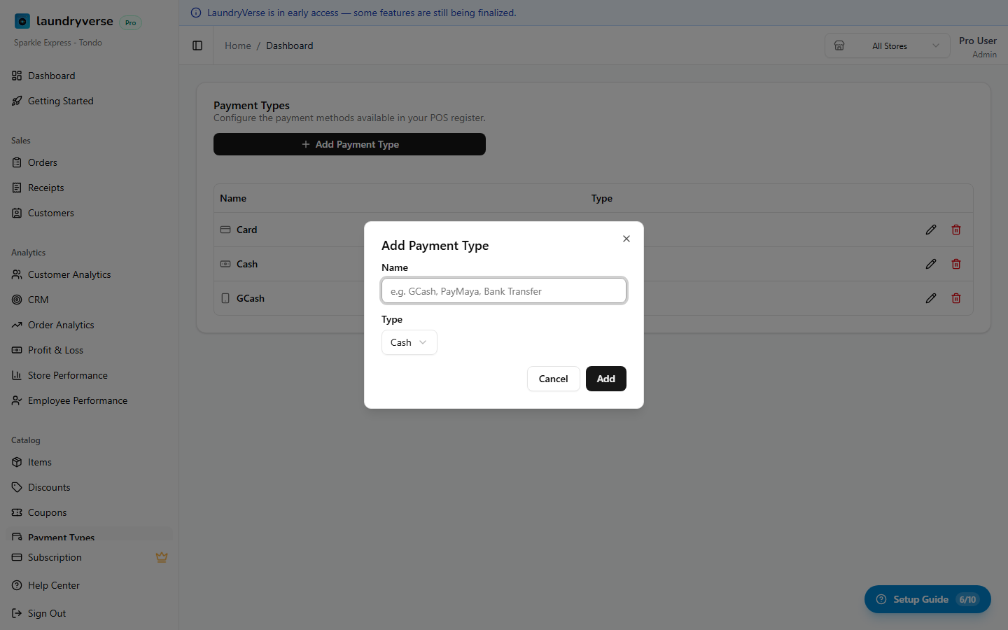 Add Payment Type dialog
