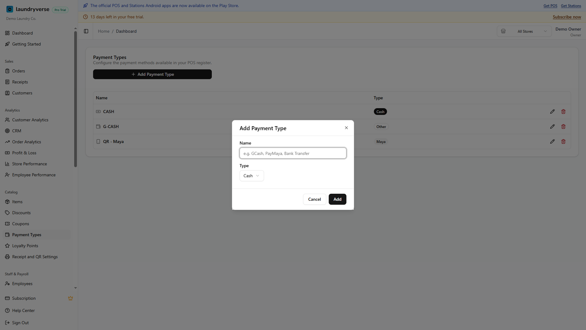 Add Payment Type dialog