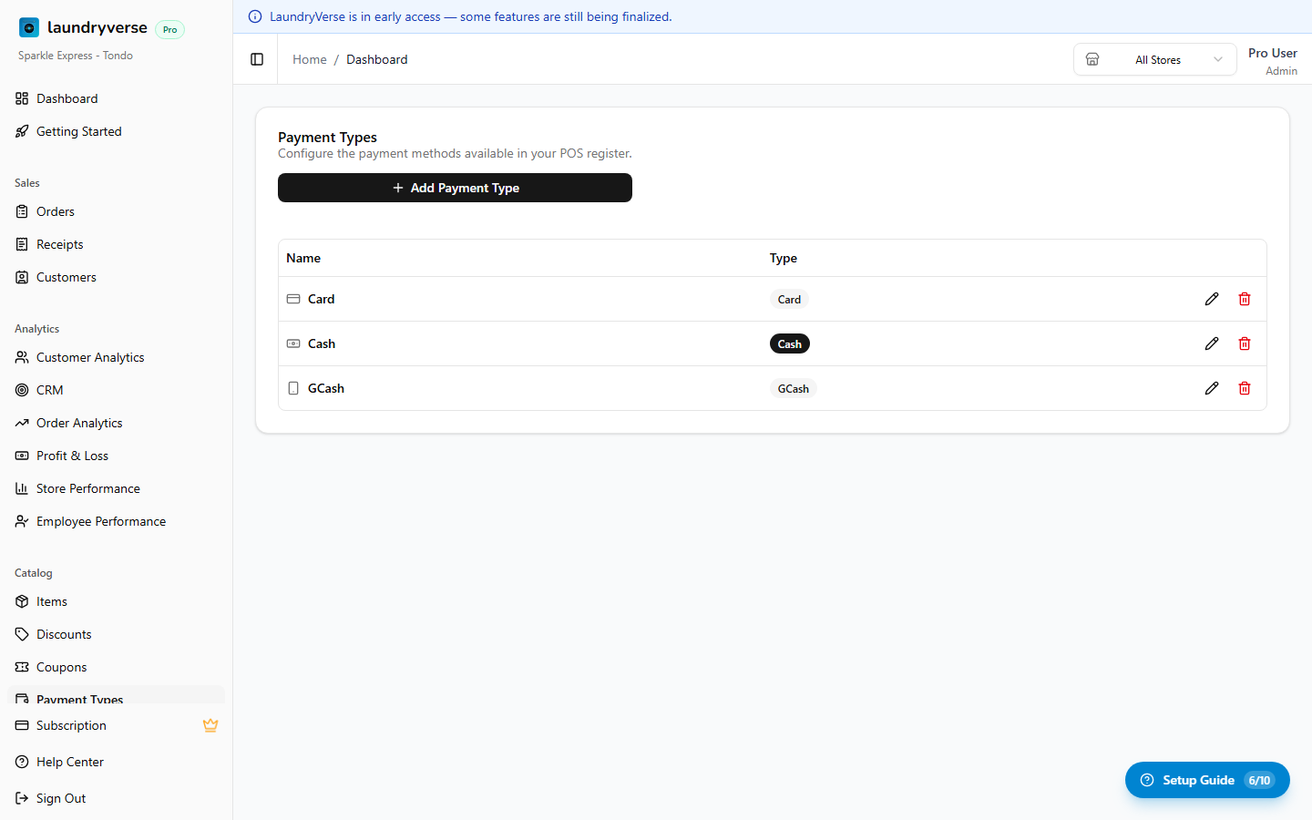 Payment Types admin page