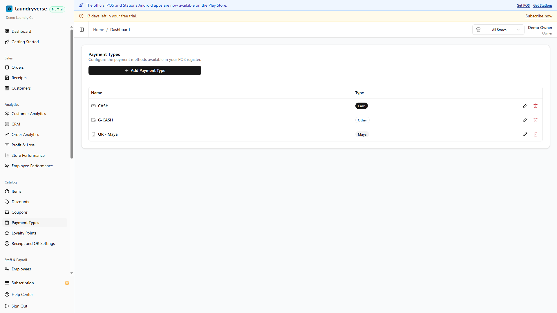 Payment Types management page