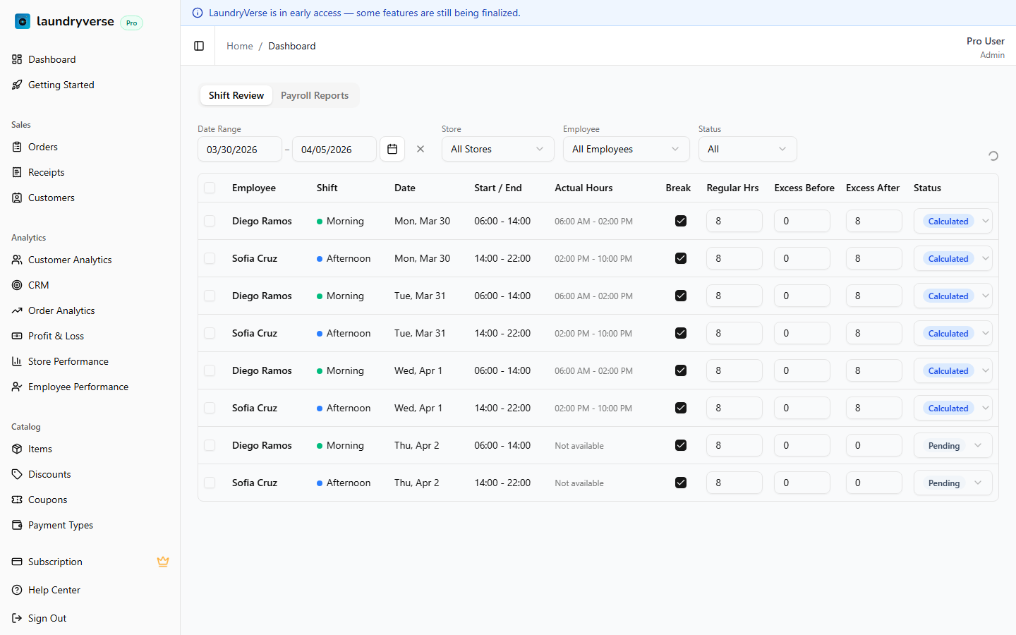 Payroll shift review page