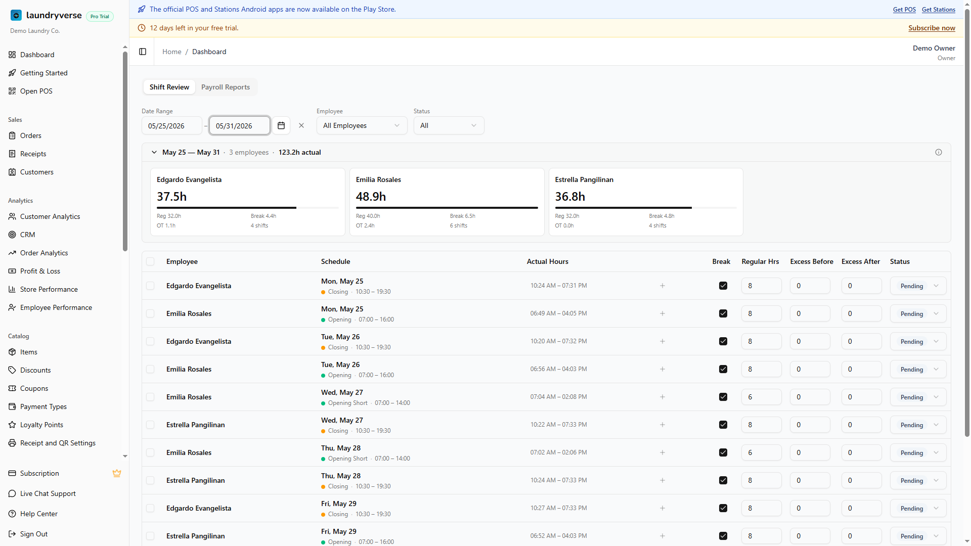Payroll Shift Review for a weekly period