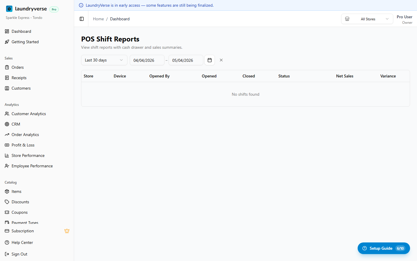 POS shift reports table