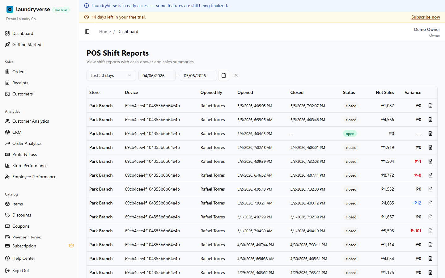 POS shift reports table
